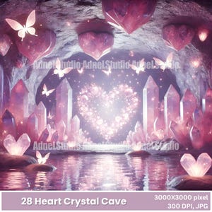 Herz-Kristallhöhle Digitale Kunst, magische Fantasy Clipart, rosa Kristalle Hintergrund, Schmetterling Aquarell Szene, romantischer digitaler Download