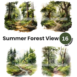 Summer Forest View Clipart - Watercolor Forest Clipart, Summer Landscape Clipart, Summer Tree Clipart, Digital Paper Craft, Scrapbooking