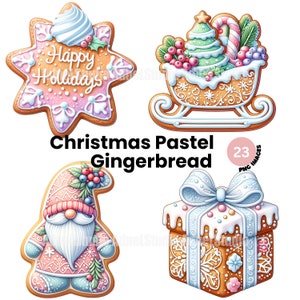 Pastel Navidad galletas de jengibre Clipart, adorno de pan de jengibre, imágenes prediseñadas de comida navideña festiva, vacaciones de invierno, ilustración de Navidad