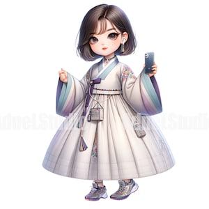 May include: A young person wearing a traditional Korean hanbok dress with a white, blue, and pink design. They are holding a black smartphone in their right hand and wearing white sneakers.