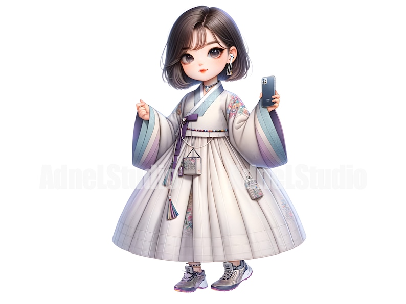 May include: A young person wearing a traditional Korean hanbok dress with a white, blue, and pink design. They are holding a black smartphone in their right hand and wearing white sneakers.