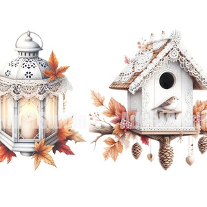 May include: A white birdhouse with lace trim and a small bird perched on the ledge. The birdhouse is decorated with fall leaves and pine cones. A white lantern with lace trim and a candle inside is also shown.