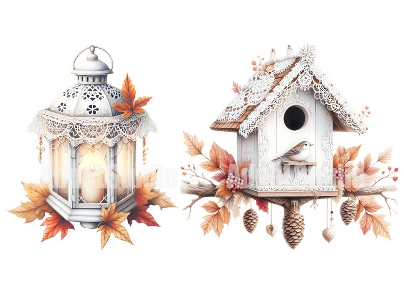 May include: A white birdhouse with lace trim and a small bird perched on the ledge. The birdhouse is decorated with fall leaves and pine cones. A white lantern with lace trim and a candle inside is also shown.