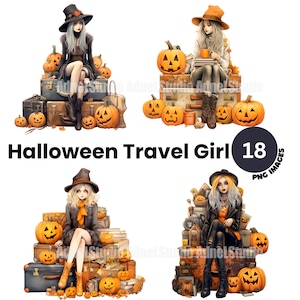 Halloween Travel Girl Clipart - Travel Women Clipart, Girl Sitting on Vintage Suitcase Clipart, Halloween Junk Journal, Halloween Clipart