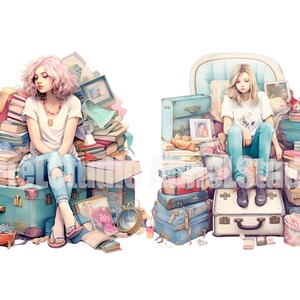 May include: Two women sitting on piles of luggage and books. The woman on the left is wearing a white shirt, blue jeans, and a silver necklace. The woman on the right is wearing a white shirt, blue jeans, and black shoes. Both women are looking down.