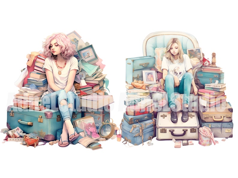 May include: Two women sitting on piles of luggage and books. The woman on the left is wearing a white shirt, blue jeans, and a silver necklace. The woman on the right is wearing a white shirt, blue jeans, and black shoes. Both women are looking down.