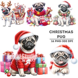 Weihnachten Mops Clipart Set, niedliche Urlaub Hunde Illustrationen, entzückender Weihnachtsmops PNG, niedlicher Weihnachtshund Clipart, Weihnachtsgeschenke für Hundeliebhaber