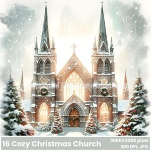 Clipart de igreja de Natal aconchegante, Imagens de arte digital de igreja de Natal aconchegante, Clipart de igreja com neve no inverno, Cena religiosa de Natal para impressão