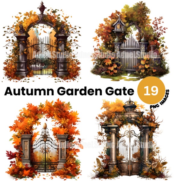 Autumn Garden Gate Clipart - Watercolor Cottage Clipart, Vintage Cottagecore Clipart, Fall Cottage Life Clipart, Autumn Junk Journal