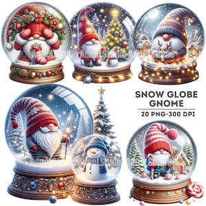 Pacchetto PNG di gnomi con globo di neve natalizio, clipart di gnomi festivi, artigianato natalizio, scrapbooking, grafica invernale digitale, forniture per artigianato natalizio
