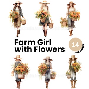 Fille de ferme aquarelle avec fleurs Clipart - Cottagecore Clipart, femmes de ferme PNG, Cottage Life PNG, Farm Girl Clipart, Cottage Girl Clipart
