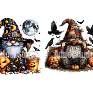May include: Two Halloween gnomes, one dressed as a witch with a black hat and a pumpkin, the other dressed as a scarecrow with a patchwork hat and a pumpkin. Both gnomes are surrounded by crows and pumpkins.