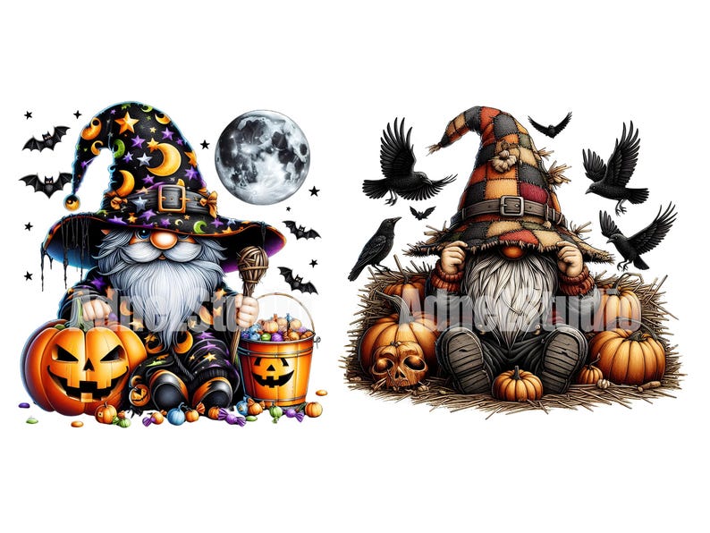 May include: Two Halloween gnomes, one dressed as a witch with a black hat and a pumpkin, the other dressed as a scarecrow with a patchwork hat and a pumpkin. Both gnomes are surrounded by crows and pumpkins.