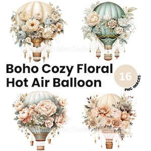 Boho Blumen Heißluftballon Clipart - Heißluftballon Kinderzimmer Dekor, wunderliche Heißluftballon PNG, Boho Wandkunst, Blumen Clipart PNG