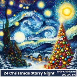 Pacote de arte digital de noite estrelada de Natal, céu estrelado festivo e árvore de Natal, vila de Natal de noite estrelada festiva, arte de parede sazonal