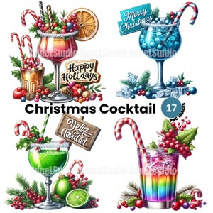 Clipart cocktail di Natale, clipart di bevande natalizie, cibo festivo, clipart di Natale, illustrazione di Natale, cartello di auguri di Natale
