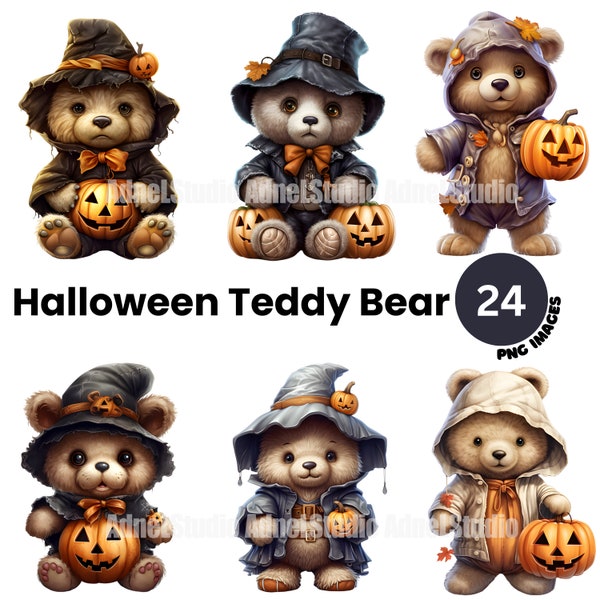 Halloween Teddy Bear Clipart - Halloween Clipart, Watercolor Teddy Bear Clipart, Halloween Decoration Clipart, Junk Journal, Scrapbooking