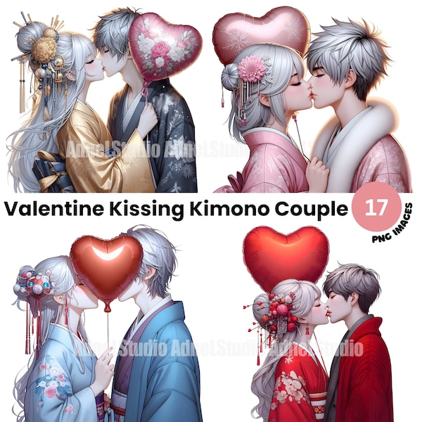 Valentine Couple Clipart, Valentines Kissing Couple Clipart, Kimono Couple Kissing Clipart, Valentines Day Clipart, Anime Girl Clipart
