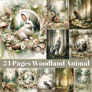 Diario spazzatura degli animali del bosco, foglio di collage di boschi, diario spazzatura della foresta vintage, effimeri della foresta, pagina di scrapbooking, effimeri della natura vintage