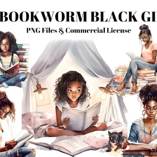 Watercolor Black Girl Reading Book Clipart 12 Watercolor - Etsy
