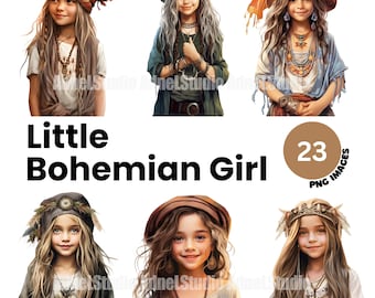 Little Bohemian Girl Clipart, Watercolor Boho Girl Clipart, Bohemian Kids Clipart, Natural Aesthetic Art, Boho Junk Journal, Scrapbooking