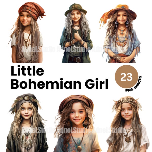 Little Bohemian Girl Clipart, Watercolor Boho Girl Clipart, Bohemian Kids Clipart, Natural Aesthetic Art, Boho Junk Journal, Scrapbooking