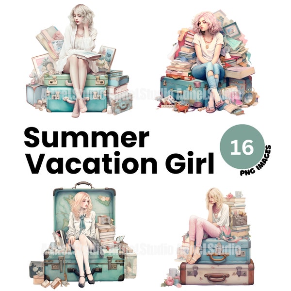 Zomer reizen meisje clipart-aquarel reizen vrouwen clipart, meisje zittend op vintage koffer clipart, vakantie ongewenste tijdschriften, scrapbooking
