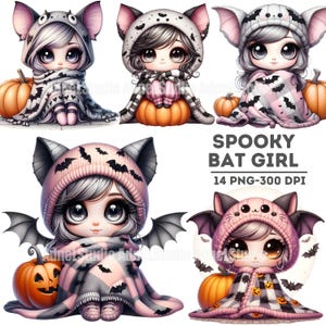 Upiorny zestaw clipartów z dziewczyną nietoperzem, słodkie ilustracje z dziewczyną nietoperzem na Halloween, sztuka cyfrowa do rzemiosła, scrapbooking, słodkie upiorne cliparty z dziewczyną