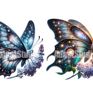 May include: Two intricate butterflies with blue, green, and gold wings adorned with constellations and stars. They are perched on lilac flower stems with green leaves against a white background.