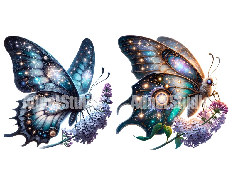 May include: Two intricate butterflies with blue, green, and gold wings adorned with constellations and stars. They are perched on lilac flower stems with green leaves against a white background.