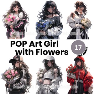 Hip Hop Pop Art Girl with Flowers Clipart - Hip Hop Girl Clipart, Flower Girl Clipart, Hip Hop Girl Papercraft, Anime Girl Stickers