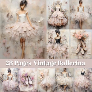 Diario spazzatura vintage ballerina, pagine di diario vintage, oggetti effimeri ballerina, media misti, collage di immagini, scrapbooking digitale stampabile
