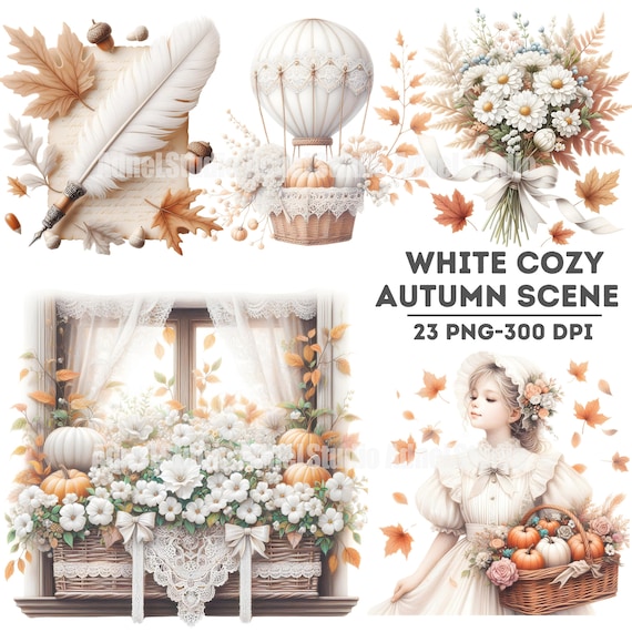 White Cozy Autumn Scene Clipart, Vintage Fall Aesthetic, Rustic Fall Scrapbooking, Cottagecore Illustrations, Vintage Fall Decor Graphics
