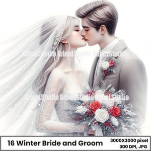 Winter Bride and Groom Clipart Set, Elegant Wedding Illustration, Christmas Wedding Decor, Winter Wedding Love Theme, Winter Romance Clipart