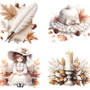 May include: Four illustrations featuring autumnal themes. A white feather quill pen on a piece of parchment paper with fall leaves. A white lace hat with brown leaves and pine cones. A girl with brown hair wearing a white dress and a brown hat sitting on a wooden bench with fall leaves. A white candle on a gold candlestick with fall leaves and pine cones.