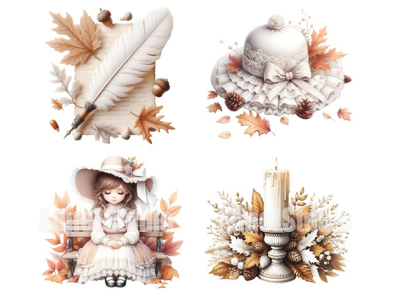 May include: Four illustrations featuring autumnal themes. A white feather quill pen on a piece of parchment paper with fall leaves. A white lace hat with brown leaves and pine cones. A girl with brown hair wearing a white dress and a brown hat sitting on a wooden bench with fall leaves. A white candle on a gold candlestick with fall leaves and pine cones.