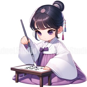 May include: A young girl in a traditional Korean dress, called a hanbok, is sitting on a small table and writing with a brush. She is wearing a white and purple hanbok with a pink sash. The table is made of wood and has a white surface. The girl is writing in black ink on the white surface.