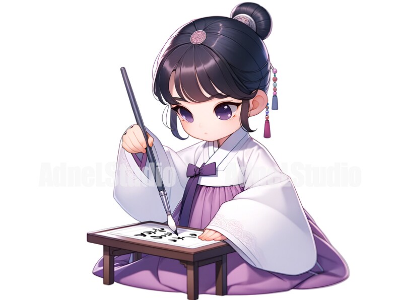 May include: A young girl in a traditional Korean dress, called a hanbok, is sitting on a small table and writing with a brush. She is wearing a white and purple hanbok with a pink sash. The table is made of wood and has a white surface. The girl is writing in black ink on the white surface.