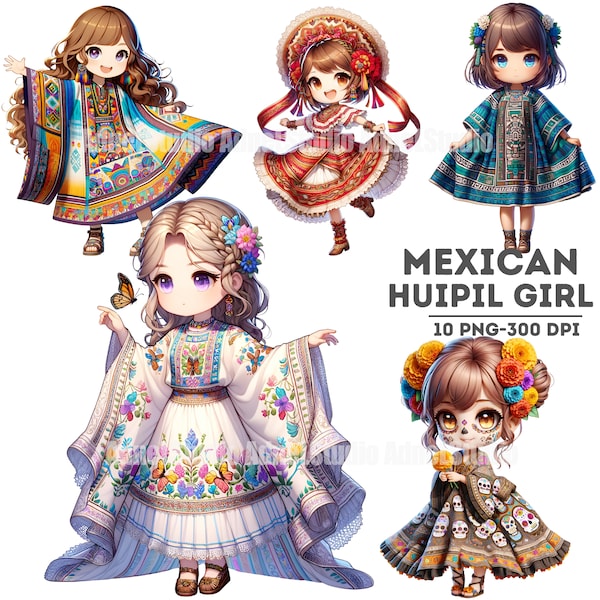 Watercolor Mexican Huipil Girl Clipart, Mexico Huipil Dress Clipart, Anime Girl Clipart, Mexican Girl Clipart, Traditional Dress Clipart