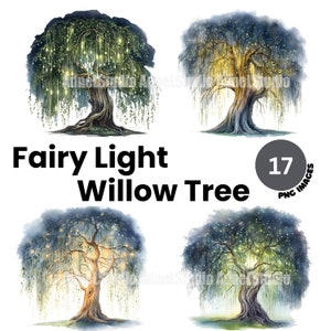 Aquarel Fairy licht wilg boom Clipart - Wilg boom landschap clipart, Fairy licht clipart, Wilg boom sprookje licht, Fantasy clipart