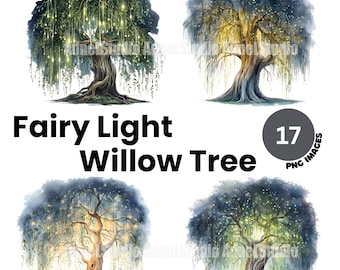 Watercolor Fairy light willow tree Clipart - Willow tree landscape clipart, Fairy light clipart, Willow tree fairy light, Fantasy clipart