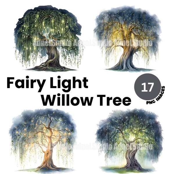 Watercolor Fairy light willow tree Clipart - Willow tree landscape clipart, Fairy light clipart, Willow tree fairy light, Fantasy clipart