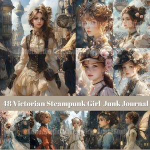 Watercolor Victorian Steampunk Junk Journal, Digital Girl Ephemera, Vintage Printable Scrapbooking Kit, Retro Collage Sheet,DIY Journal Page