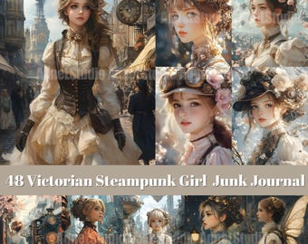 May include: A set of 48 digital printable images featuring Victorian steampunk girls in various poses and settings. The images are perfect for creating junk journals, scrapbooks, or other paper crafts.