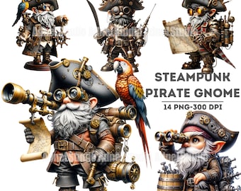 Acuarela Steampunk Pirata Gnome Clipart, Steampunk Gnome Clipart, Pirate Clipart, Steampunk Decor, Steampunk Junk Journal, Gnome Clipart