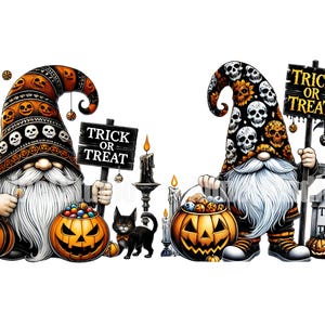 May include: Two Halloween gnomes with black and orange skull hats holding trick or treat buckets and signs. One gnome is holding a black cat.