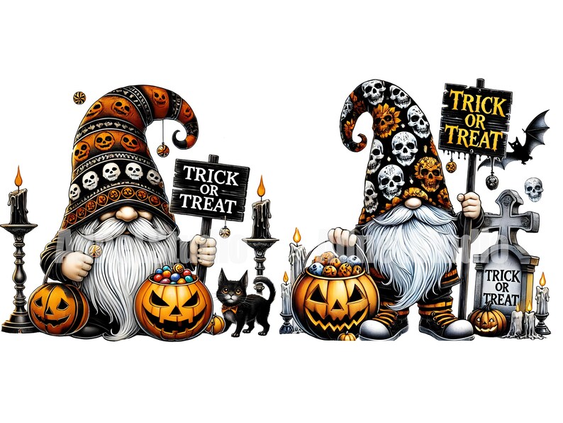 May include: Two Halloween gnomes with black and orange skull hats holding trick or treat buckets and signs. One gnome is holding a black cat.