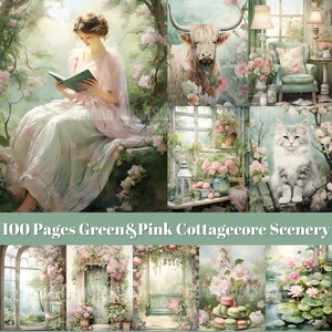 Cozy Green and Pink Cottage Junk Journal Pages - Vintage Scenery ...