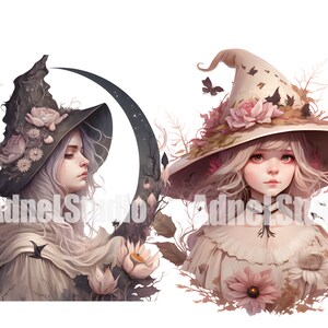 May include: Two women wearing witch hats with floral and leaf embellishments. The woman on the left has a dark hat with a crescent moon and the woman on the right has a light hat with a large brim. Both women have long, flowing hair and are surrounded by flowers and leaves.