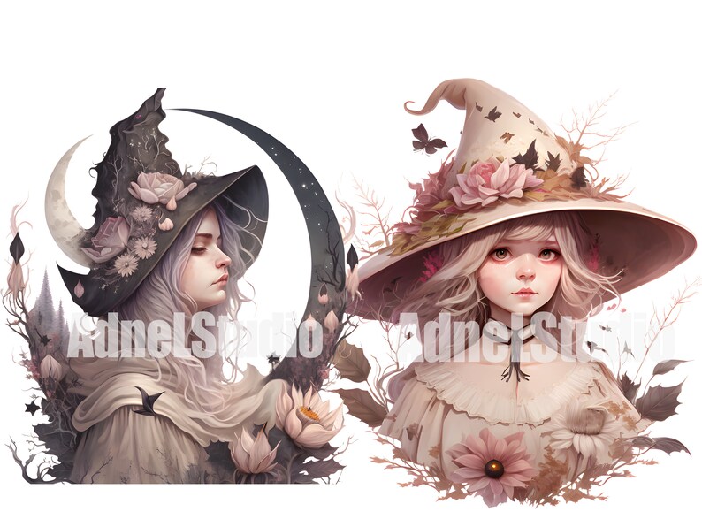 May include: Two women wearing witch hats with floral and leaf embellishments. The woman on the left has a dark hat with a crescent moon and the woman on the right has a light hat with a large brim. Both women have long, flowing hair and are surrounded by flowers and leaves.